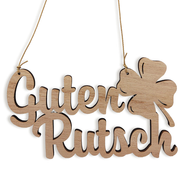 Holz-Schriftzug Guten Rutsch mit Kleeblatt 15x8,5 cm – Türschild zum Aufhängen, natürliche Silvesterdeko & Neujahrsdeko - Foto 1