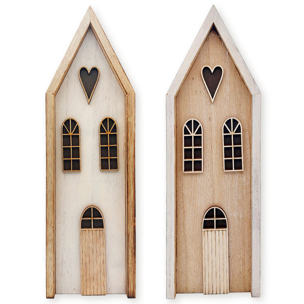 Logbuch-Verlag 2er Set Holzhäuser Natur-weiß 28,5 cm, Weihnachtsdeko aus Holz im Landhaus-Stil, Winterliche Deko zum Hinstellen