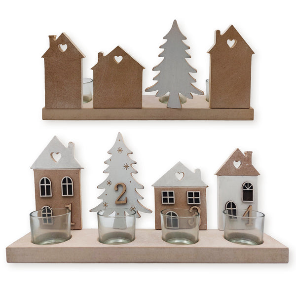 Logbuch-Verlag Advent Teelichthalter aus Holz 34x16,5 cm, Deko-Leiste mit Häusern, Bäumen & Teelichtgläsern Natur-weiß-grau Sortiert, Weihnachtsdeko