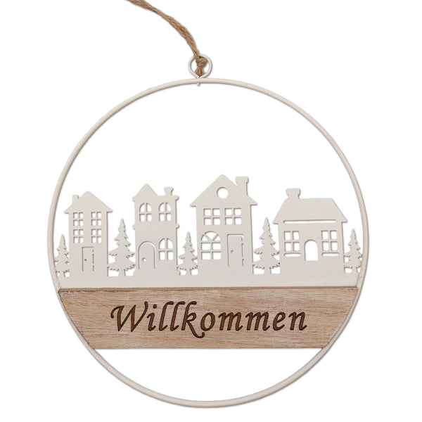 Türkranz Willkommen 20 cm rund aus Metall & Holz Weihnachtsdeko zum Hängen Winterdeko Eingang Türschild