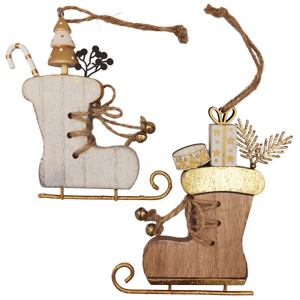 2er-Set Schlittschuh Weihnachtsanhänger Holz Metall 12–13 cm weiß-gold Natur