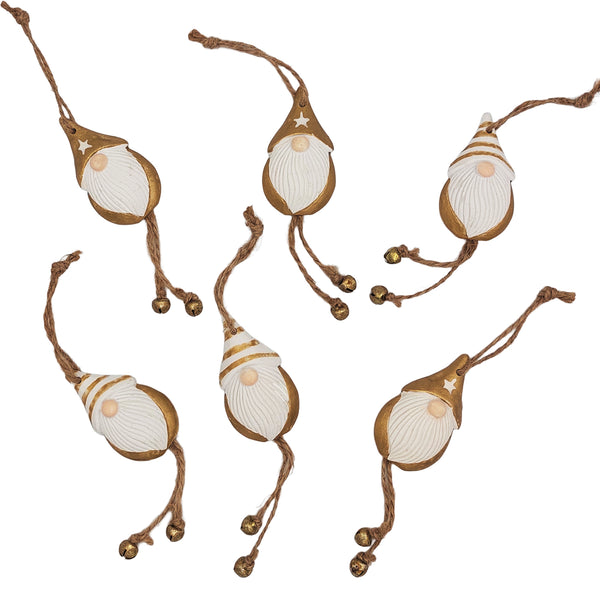 6er-Set Wichtel Anhänger weiß-gold mit Glöckchen 5,5×10,5 cm