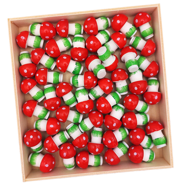 48 Mini Glückspilze aus Holz mit Klebepunkt – 2 cm Fliegenpilze in Holzbox, Streudeko & Glücksbringer für Silvester, Basteln & Tischdeko - Foto 1