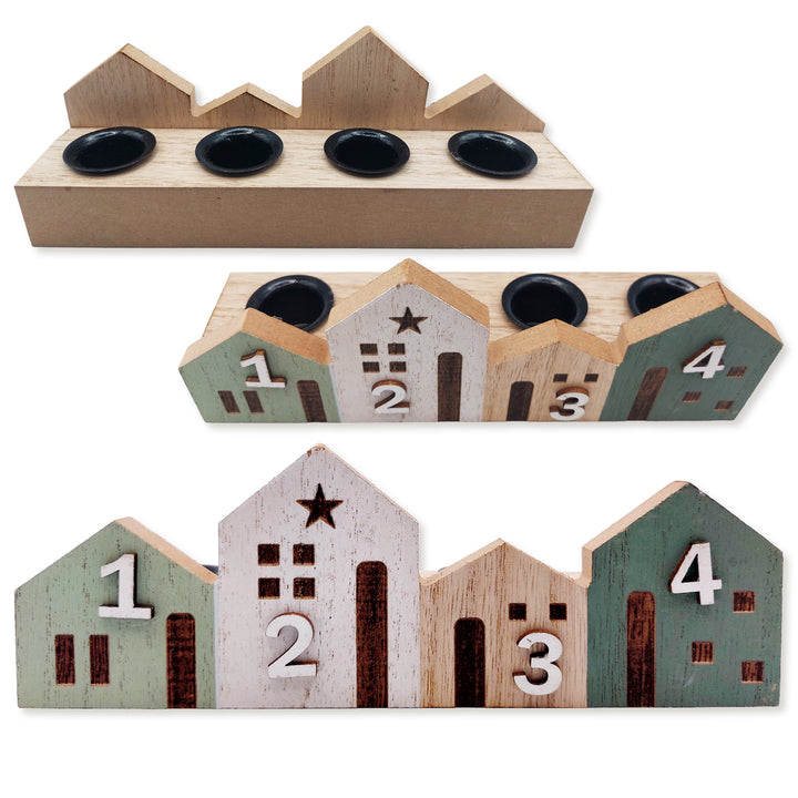 Logbuch-Verlag Adventskerzenhalter Holz 19 cm Natur-grün-weiß, Kerzenhalter für 4 Stabkerzen im Häuschen-Stil, Weihnachtsdeko modern & skandinavisch - Foto 2