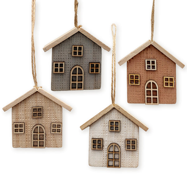 4er Set Holz Häuser Anhänger Natur/grau/weiß/braun H/B ca. 7,5 cm, Weihnachten & Ganzjahresdeko