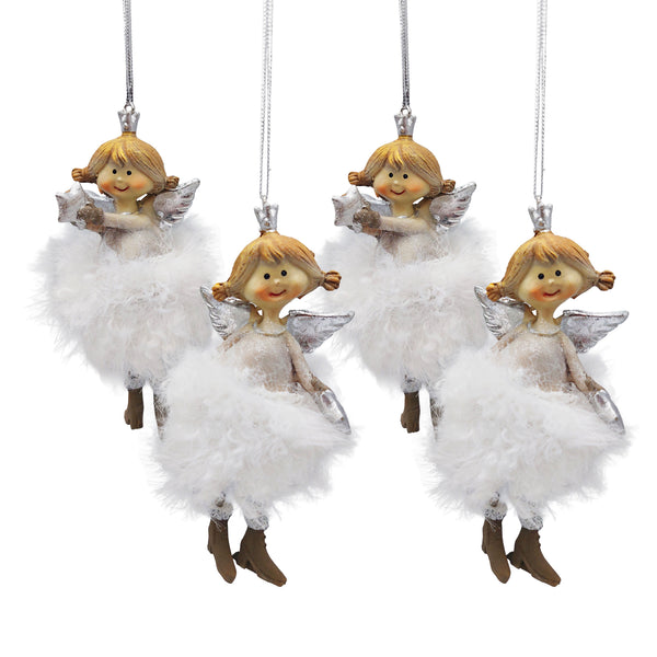 4er-Set Engel Prinzessin Anhänger weiß-silber mit Krone ca. 11 cm Weihnachtsdeko