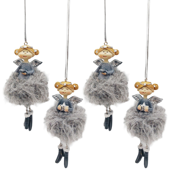 4er-Set Engel Anhänger grau-silber flauschig ca. 11 cm Weihnachtsdeko