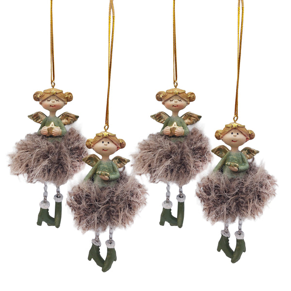 4er-Set Schutzengel Anhänger grün-braun-gold flauschig ca. 11 cm Weihnachtsdeko