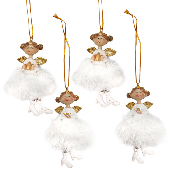 4er-Set Engel Anhänger weiß-gold flauschig ca. 11 cm Weihnachtsdeko