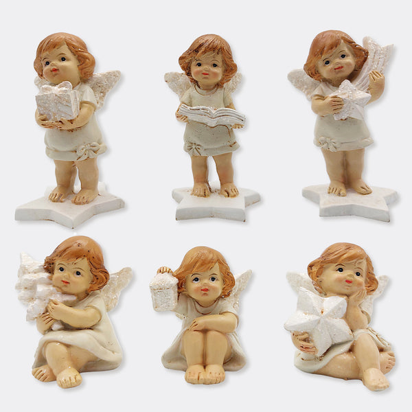 Logbuch-Verlag 6er Set Engel Figuren, Lena, Creme-weiß, Weihnachtsdeko aus Polyresin Sortiert, 5, 8 cm,  Stehende & sitzende Engel als Tischdeko