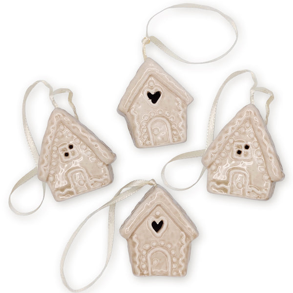4er-Set Porzellan-Lebkuchenhaus creme-braun 4,5×3,5×5 cm – Weihnachtsanhänger