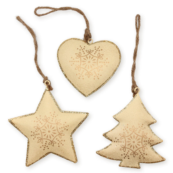 3er-Set Metall-Anhänger Stern Herz Baum Creme-Gold 8–9 cm Weihnachtsdeko