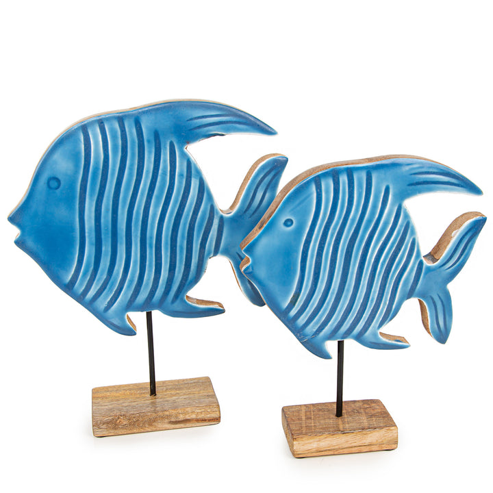 2 Fische Figuren aus Holz blau 21 + 25 cm Maritime Deko zum Hinstellen - Foto 1