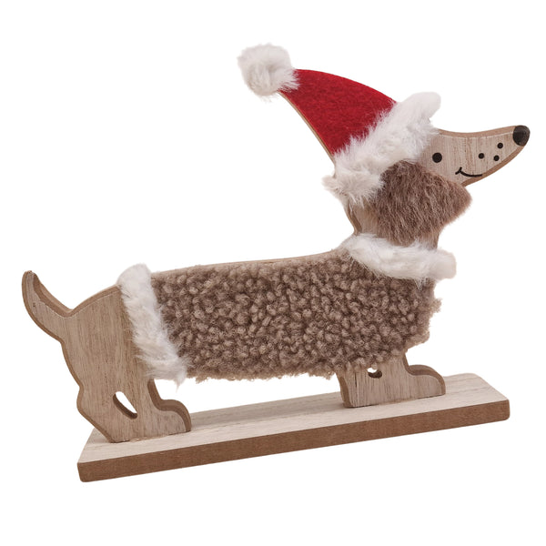 Logbuch-Verlag Holz Dackel Weihnachtsdeko 22×4×16,5 cm, stehende Hundedeko mit roter Mütze im Winter-Look