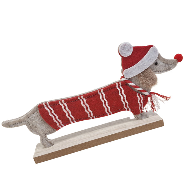 Logbuch-Verlag Holz Dackel Weihnachtsdeko 22,5×3,5×10,5 cm, stehende Hundedeko mit rotem Mantel & Mütze