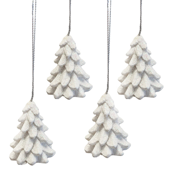 Weihnachtsanhänger Bäume 4er Set Weiß 4,5 cm Polyresin mit Glitzer  Christbaumanhänger Winterdeko Baumschmuck  Logbuch-Verlag