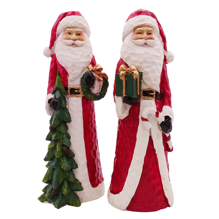 Weihnachtsmann Figur 18 cm im 2er Set – Weihnachtsdeko zum Hinstellen, Geschnitzte Holzoptik aus Kunststein, Nikolaus mit Geschenk & Baum - Foto 1