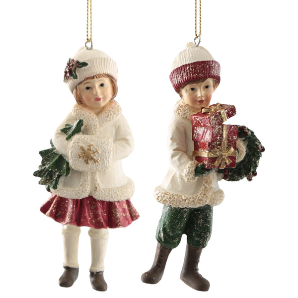 Hänger Kinder Weihnachten 2er-Set, Mädchen mit Tannenbaum & Junge mit Geschenken, Klassische Weihnachtsdeko aus Poly, 10 cm hoch, Logbuch-Verlag