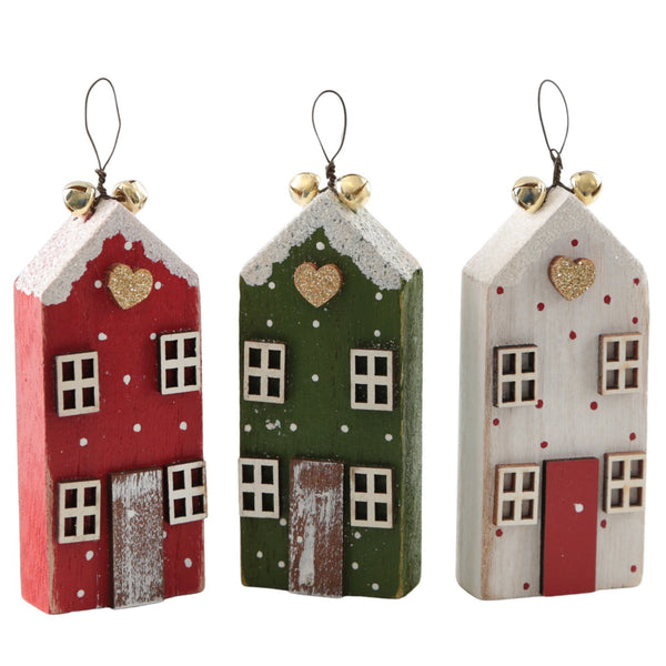 Weihnachtshänger Häuser 3er-Set, Holz-Häuschen mit Herz & Glöckchen zum Aufhängen, Weiß, Rot, Grün, Weihnachtsdeko im Landhausstil, 9 cm, Logbuch-Verlag