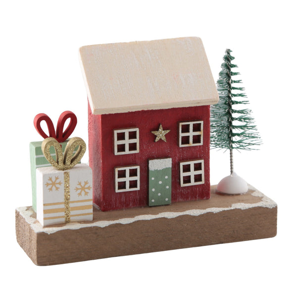 Logbuch-Verlag Deko-Aufsteller Haus Weihnachten, kleines Holzhaus mit Baum & Geschenken, Weihnachtsdeko zum Hinstellen, Landhausstil, 11x9 cm
