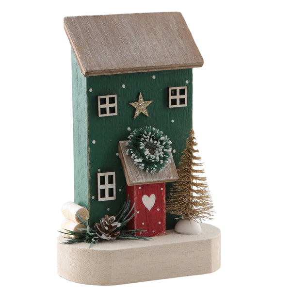 Logbuch-Verlag Deko-Aufsteller Haus Weihnachten, grünes Holzhaus mit Kranz, Stern & Bäumchen, Weihnachtsdeko zum Hinstellen, 14 cm hoch