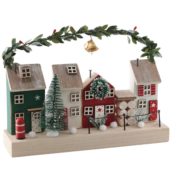 Logbuch-Verlag Deko-Aufsteller Weihnachtsdorf, Häuschen mit Kranz, Mistelgirlande & Tannenbaum, Weihnachtsdeko aus Holz zum Hinstellen, 21x14 cm