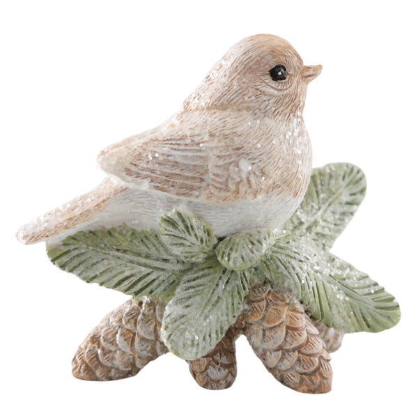 Logbuch-Verlag Dekofiguren Vögel 2er-Set, Wintervögel auf Tannenzapfen, natürliche Weihnachtsdeko aus Poly, Beige, je 8 cm breit