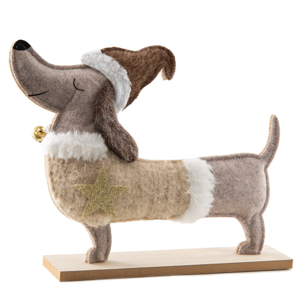Logbuch-Verlag Dekofigur Dackel Weihnachten, Hund aus Filz auf Holzsockel mit Glöckchen & Stern, Weihnachtsdeko in Beige, 27 cm breit