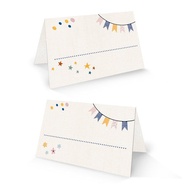 25 Stück Tischkarte Schulanfang Kindergeburtstag Babyparty 8,5x5,5 cm Klappkarte beige bunt beschriftbar für Kinder & Feste  Logbuch-Verlag