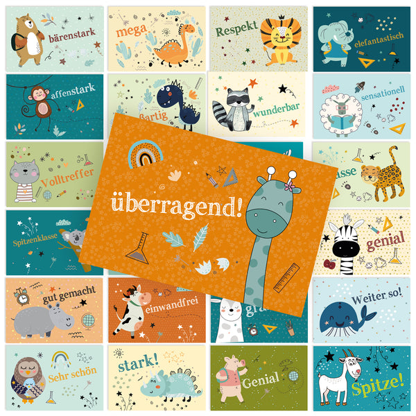 Motivationskarten Tiere 24 Stück Karteikarten, Tischkarten mit Lobworten & bunten Tiermotiven, Schulstart, Kindergeburtstag, 8,5x5,5 cm - Foto 1