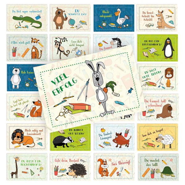 Motivationskarten Tiere 24 Stück, Mini-Karten, Karteikarten mit Sprüchen & Tieren für Kinder, Glücksbringer zum Schulstart, 8,5x5,5 cm - Foto 1