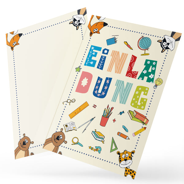 10 Einladungskarten Tiere Schulanfang Kindergeburtstag – Postkarte mit Tiermotiven für Schule & Kindergeburtstag