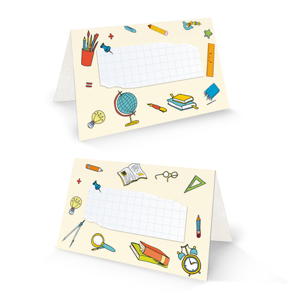 25 Tischkarten Schule Kindergarten 8,5x5,5 cm Schulanfang Tischdeko, beschriftbare Namenskarten mit bunten Schulmotiven