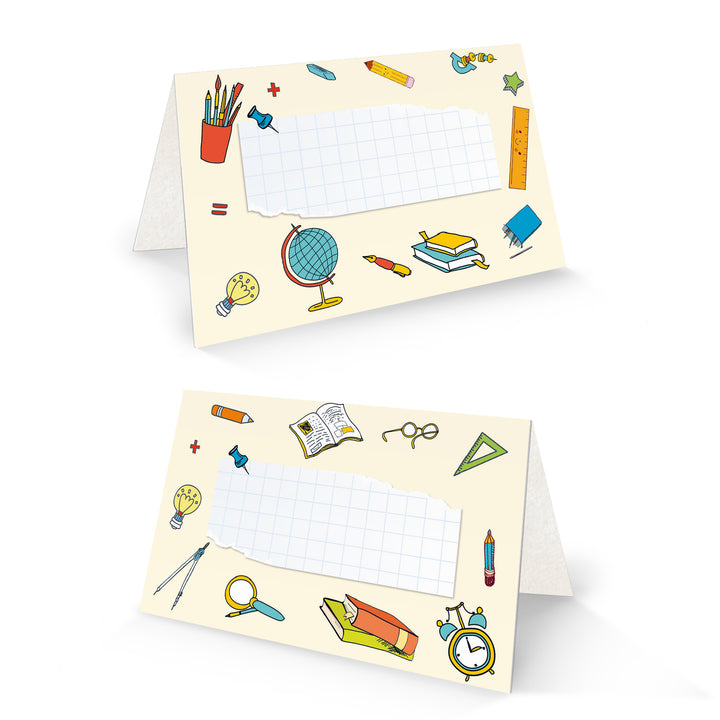 25 Tischkarten Schule Kindergarten 8,5x5,5 cm Schulanfang Tischdeko, beschriftbare Namenskarten mit bunten Schulmotiven - Foto 1
