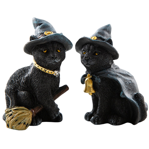 Hexenkatzen 2er-Set Schwarz Poly 6 cm Halloween Figuren mit Hut & Besen Mini-Deko für Tisch, Regal & Fenster - Foto 1