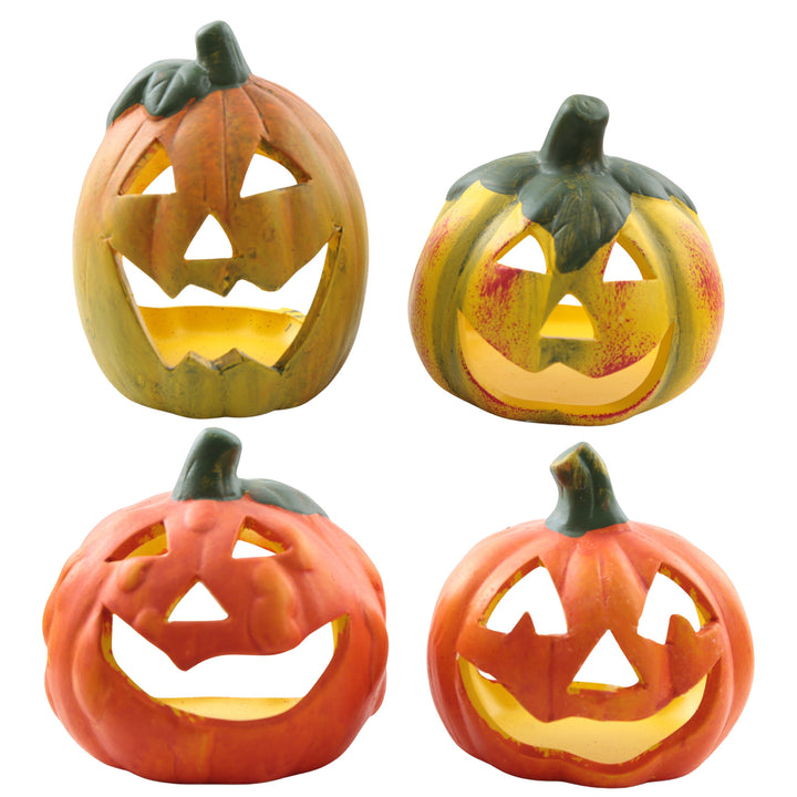 Halloween Kürbis Deko 4er Set – Ø 8 cm – Orange aus Ton – Kürbisfiguren mit Gesicht – Herbstdeko für Tisch, Fensterbank oder Eingangsbereich - Foto 1