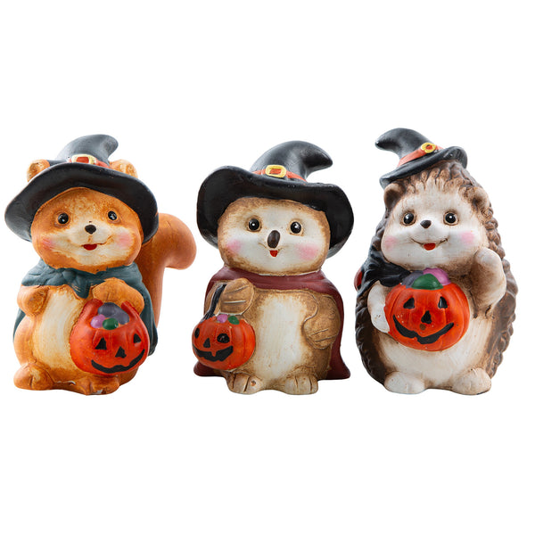 Deko-Figuren Tiere mit Kürbis 3er-Set aus Ton 10 cm, Herbst- und Halloween-Deko für Zuhause - Foto 1