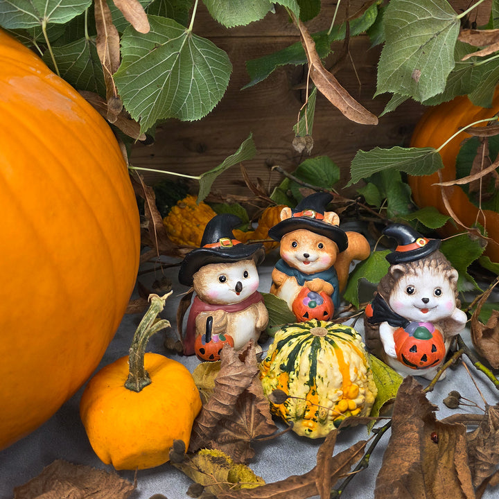 Deko-Figuren Tiere mit Kürbis 3er-Set aus Ton 10 cm, Herbst- und Halloween-Deko für Zuhause - Foto 3