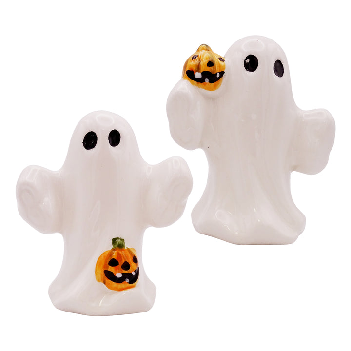 Geister Figuren 7 cm aus Keramik – 2er Set Halloween-Deko in Weiß mit Kürbis, süße Herbstdeko zum Hinstellen - Foto 1