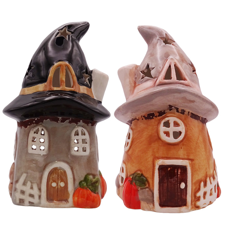 Windlicht Hexenhaus 17 cm aus Keramik – 2er Set Halloween-Deko mit Kürbissen & Sternen, Bunte Herbstdeko zum Hinstellen - Foto 1