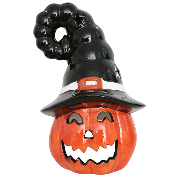 Kürbis mit Hexenhut Keramik 22 cm, Halloween Deko Orange Teelichthalter - Foto 1
