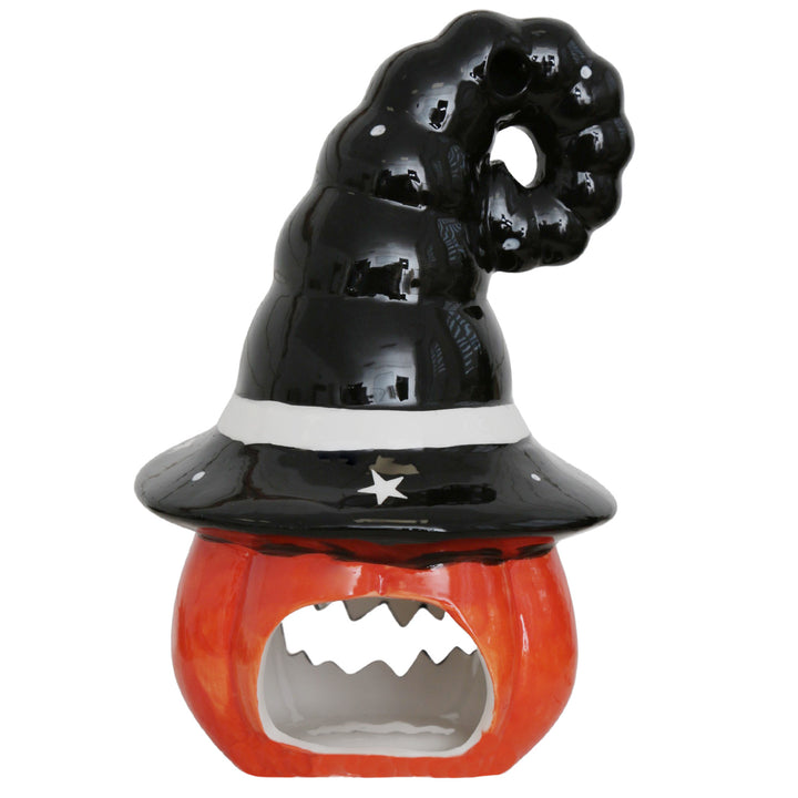Kürbis mit Hexenhut Keramik 22 cm, Halloween Deko Orange Teelichthalter - Foto 2