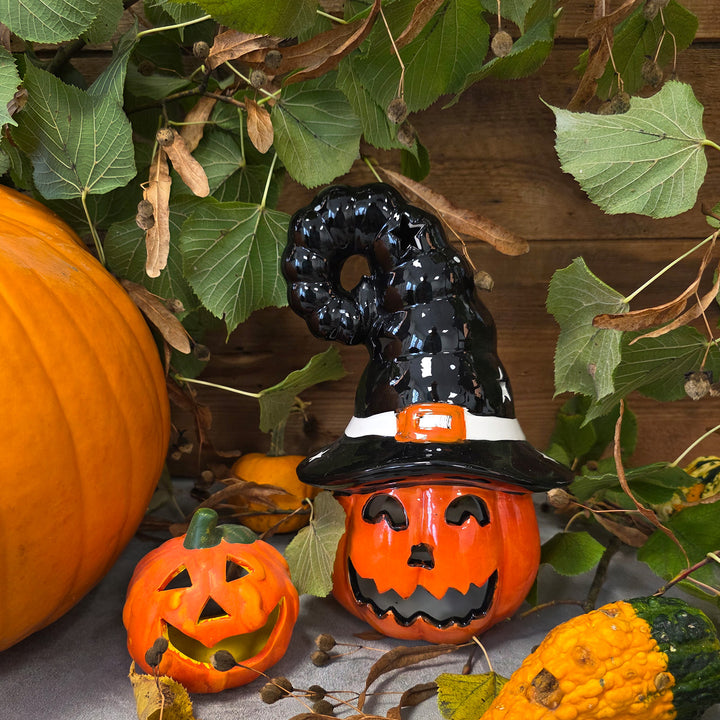 Kürbis mit Hexenhut Keramik 22 cm, Halloween Deko Orange Teelichthalter - Foto 4