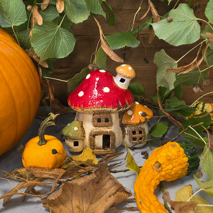 Teelichthaus Pilz Steingut 17x15x12 cm Bunte Herbstdeko Kerzenhalter Märchenhaus für Tisch & Fensterbank - Foto 4
