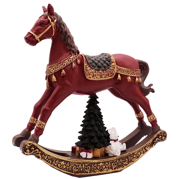 Schaukelpferd Dekofigur 18 cm aus Kunststein – Weihnachtsdeko mit Tannenbaum, Geschenken & Goldverzierung, nostalgisch - Foto 1