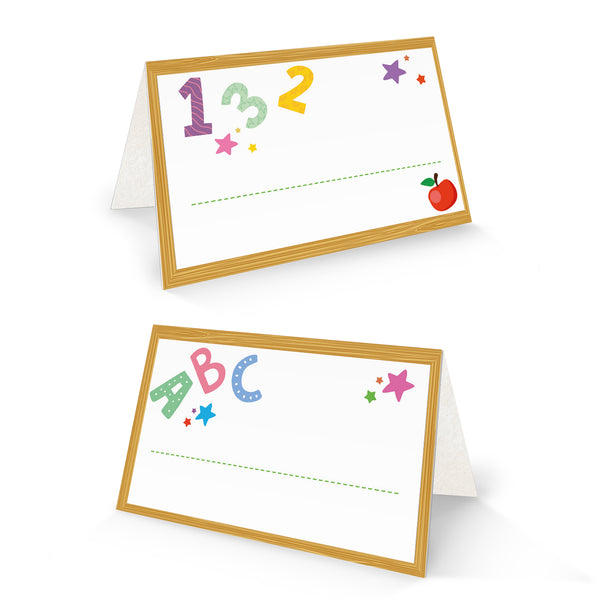 Tischkarten zur Einschulung/Schulanfang für Kinder, Set mit 25 Stück, 8,5 x 5,5 cm, fröhlich-buntes Design mit ABC & Zahlen