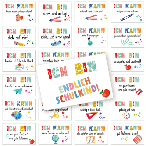 Motivationskarten Tischkarten Schule 24 Stück, Mini-Karten im Visitenkartenformat, Karteikarten mit positiven Botschaften für Kinder, Einschulung, Schulanfang, 8,5x5,5 cm - Foto 1