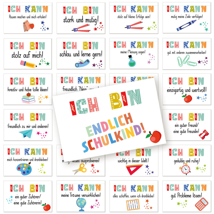 Motivationskarten Tischkarten Schule 24 Stück, Mini-Karten im Visitenkartenformat, Karteikarten mit positiven Botschaften für Kinder, Einschulung, Schulanfang, 8,5x5,5 cm - Foto 1