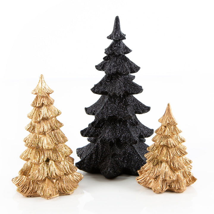 3er-Set glitzernde Weihnachtsbäume schwarz und gold aus Polyresin, 8,5–18 cm – Logbuch-Verlag