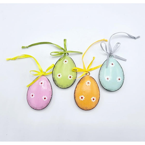 4 Bunte Ostereier mit Schnur zum Aufhängen Osteranhänger aus Metall orange pink gelb Blechanhänger gepunktet - Foto 1